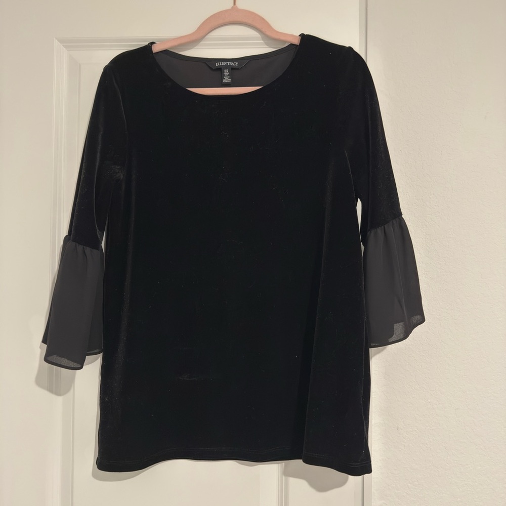 Ellen Tracy Black Velvet Blouse with Sheer Sleeves